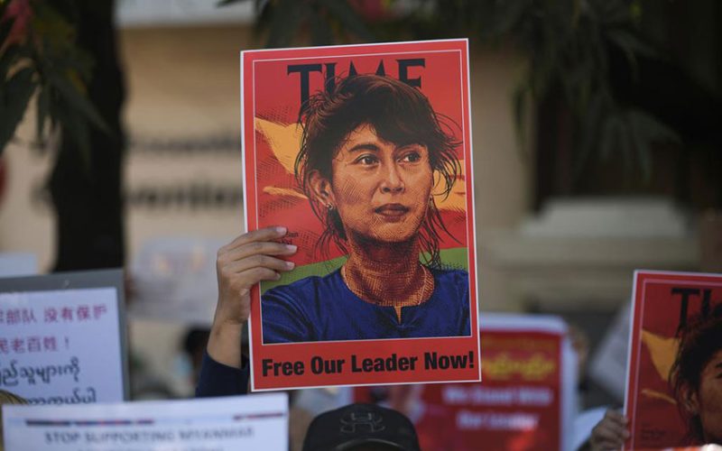 Myanmar ruler calls for end to protests, sanctions loom