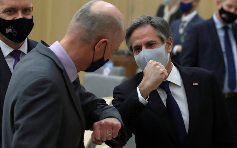 U.S. Secretary of State Antony Blinken bumps elbows with Netherland's Foreign Minister Stef Blok