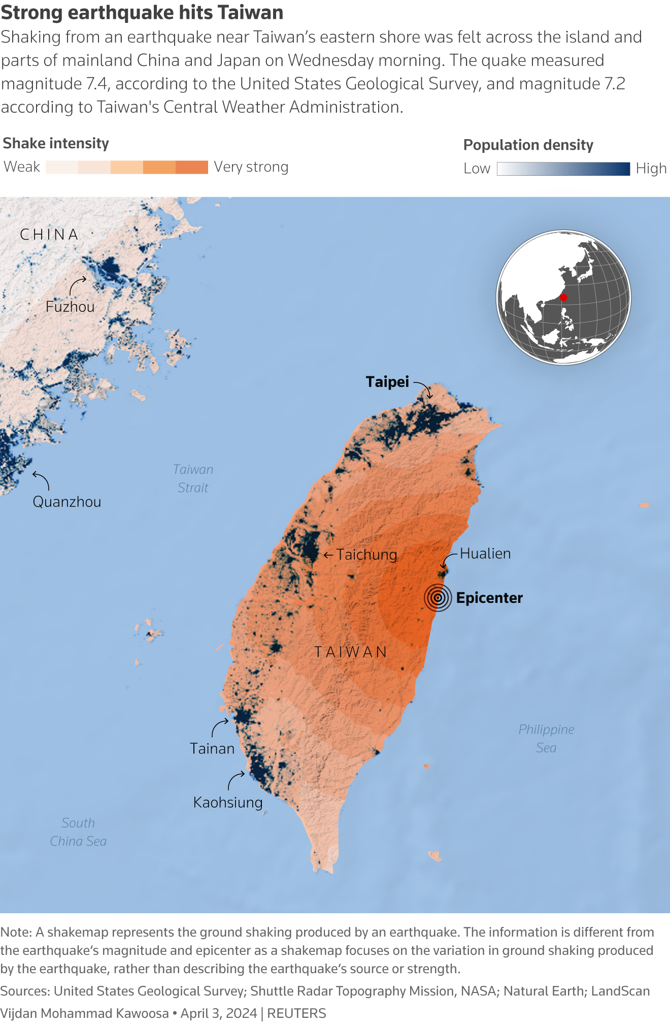 Shaking from an earthquake near Taiwan’s eastern shore was felt across the island nation and parts of mainland China and Japan on Wednesday morning.